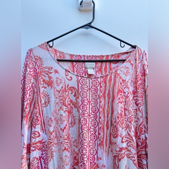 Chico’s Tonic Eclectic Sharkbite Elegance Coral Quarter Sleeve Top Size 3 US XL - Picture 3 of 15